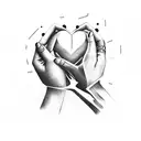 two hands reaching for eachother and a realistic heart in the back ground with the words megan and dae'von forever tattoo design idea