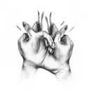 two hands reaching for eachother and a realistic heart in the back ground with the words megan and dae'von forever tattoo design idea