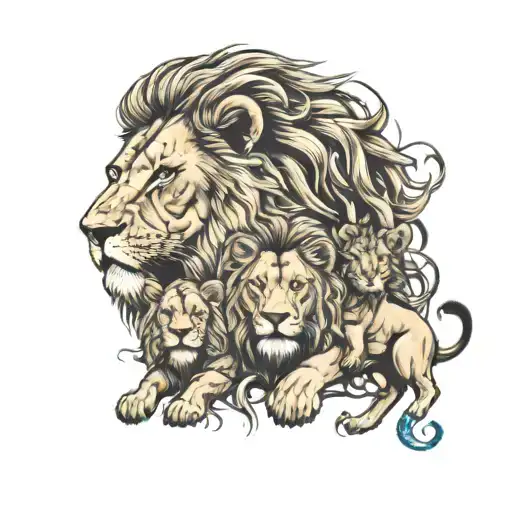Create a drawing of a family of five lions for a tattoo design. The family should include one male lion and four female  tattoo design idea