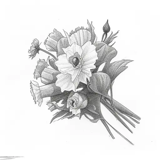 Daffodils, rose, poppy, and aster bouquet  tattoo design idea