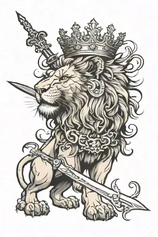 Lion with crown and sword down the middle tattoo design idea