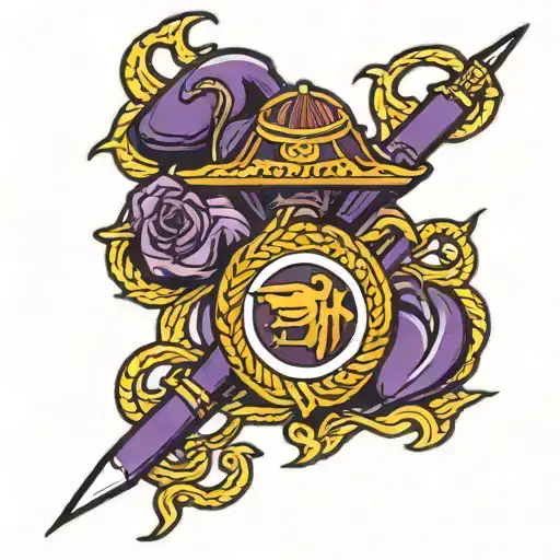 giant marine corps emblem behind a big purple crayon  tattoo design idea