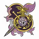 giant marine corps emblem behind a big purple crayon  tattoo design idea