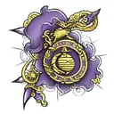 giant marine corps emblem behind a big purple crayon  tattoo design idea