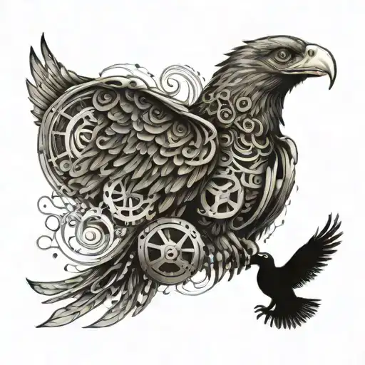 An intricate eagle design incorporating musical notes and a fireman's helmet, representing your passion for music and firefighting tattoo design idea