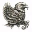 An intricate eagle design incorporating musical notes and a fireman's helmet, representing your passion for music and firefighting tattoo design idea