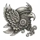 An intricate eagle design incorporating musical notes and a fireman's helmet, representing your passion for music and firefighting tattoo design idea