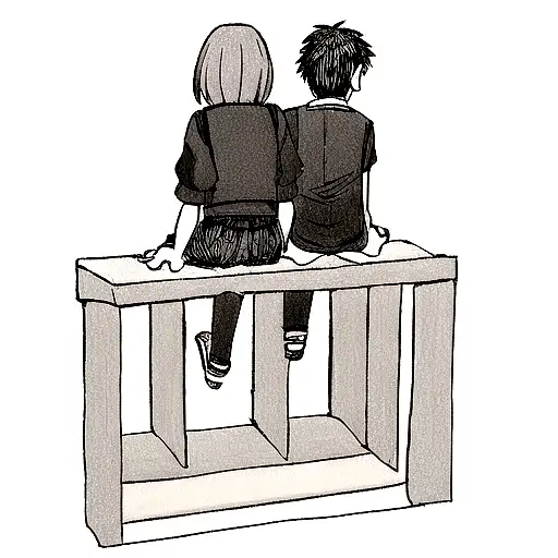 a 15 years old girl and a 3 years old boy, sat on a wall and looking each other, and smiling, seen from the back tattoo design idea