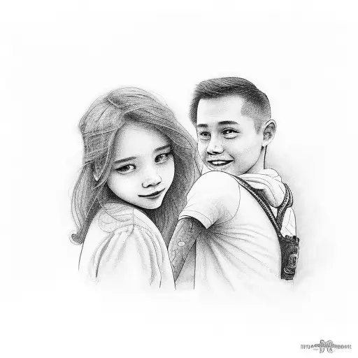 a 15 years old girl and a 3 years boy, sat on a wall and looking each other, and smiling, seen from the back tattoo design idea