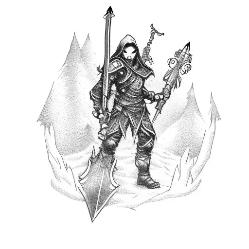 Gamer character wielding a Moonveil sword in a dark forest tattoo design idea