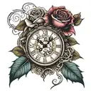 clocks with roses, a vine with thorns and leaves that say family and the infinity sign tattoo design idea