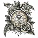 clocks with roses, a vine with thorns and leaves that say family and the infinity sign tattoo design idea