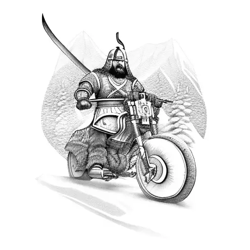 A fierce Viking warrior riding a motorcycle through a snow-covered mountain range tattoo design idea