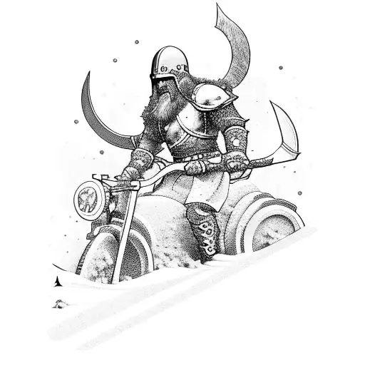 A fierce Viking warrior riding a motorcycle through a snow-covered mountain range tattoo design idea