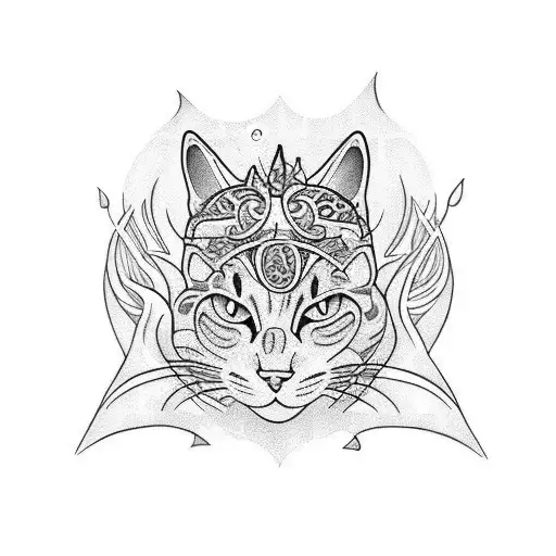 gato reno viendo una sirena con agua y fuego tattoo design idea