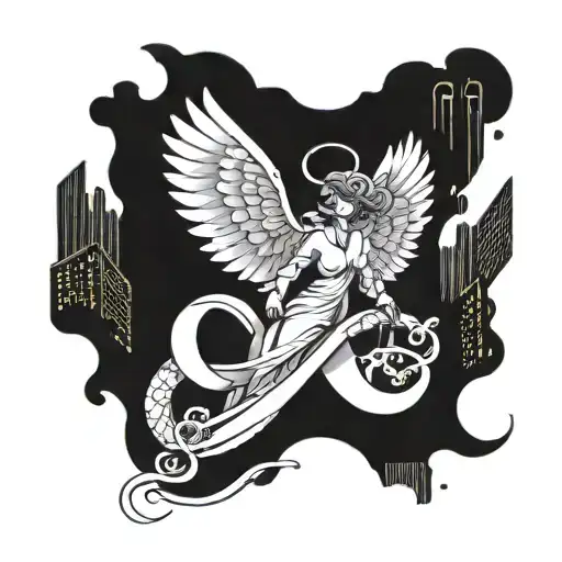A new-school design of an infinity symbol morphing into a whimsical angel flying over a cityscape tattoo design idea
