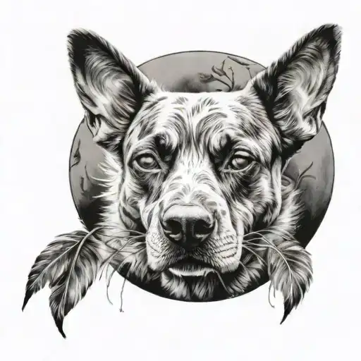 A realistic portrait of Frankie surrounded by an infinity symbol made of delicate feathers tattoo design idea