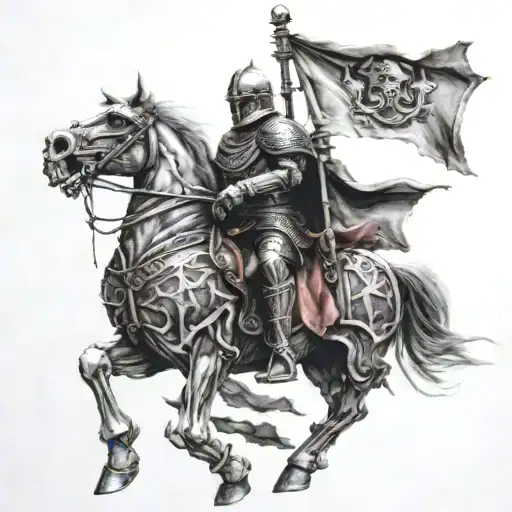 armored skeleton knight holding a flag while riding an armored horse jumping tattoo design idea