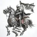 armored skeleton knight holding a flag while riding an armored horse jumping tattoo design idea