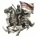 armored skeleton knight holding a flag while riding an armored horse jumping tattoo design idea