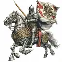 armored skeleton knight holding a flag while riding an armored horse jumping tattoo design idea