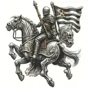 armored skeleton knight holding a flag while riding an armored horse jumping tattoo design idea