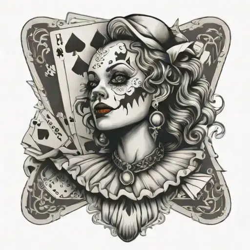 clown woman with poker cards tattoo design idea