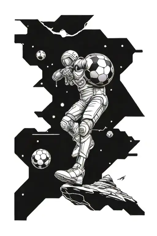 A futuristic Mars landscape with a soccer ball floating in zero gravity tattoo design idea