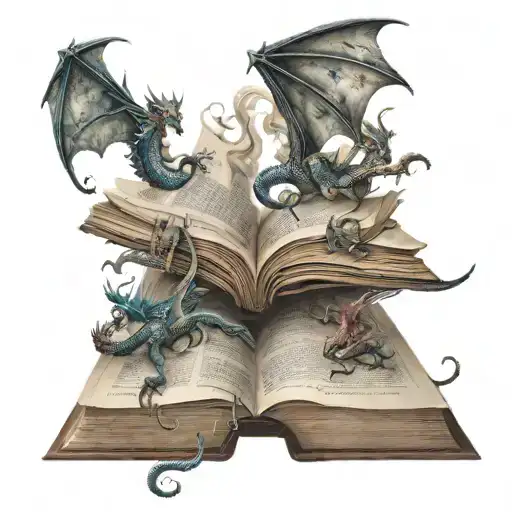 open book, small dragons flying out of pages, fantasy tattoo design idea