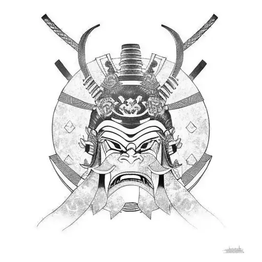 samurai on oni mask under the half moon with sakurapetals tattoo design idea