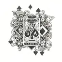 A traditional tattoo design of the three poker cards with the J and a king, the A and a queen, and the N and a princess tattoo design idea