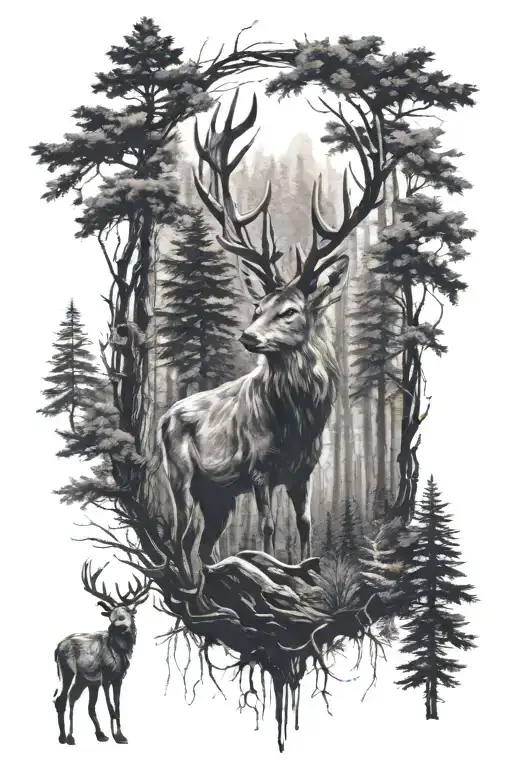 deer in the forest fithing with wolf looking forward tattoo design idea