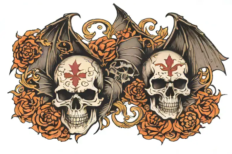 ouiji board with skulls and bat wings tattoo design idea