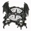 A haunted ouija board with floating skulls and bats tattoo design idea