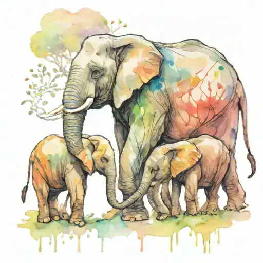 mother with 4 kids and 2 grandkids as elephants holding trunks tattoo design idea