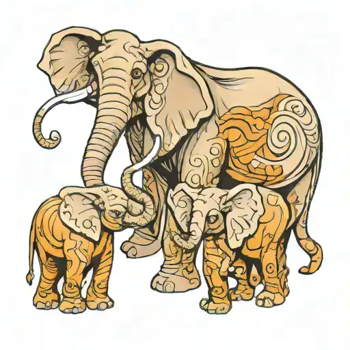 mother with 4 kids and 2 grandkids as elephants holding trunks tattoo design idea