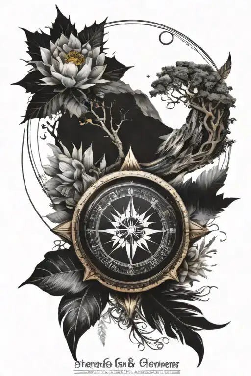  Compass with Mountain and River,Tree of Life,Mandala Lotus Flower,Quote,Sun & Moon,Feather,yin-Yang with nature elemen  tattoo design idea