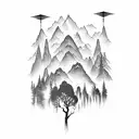 The tattoo could be set against a backdrop of a tranquil landscape, with the silhouette of mountains or trees to symboli tattoo design idea