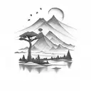 The tattoo could be set against a backdrop of a tranquil landscape, with the silhouette of mountains or trees to symboli tattoo design idea