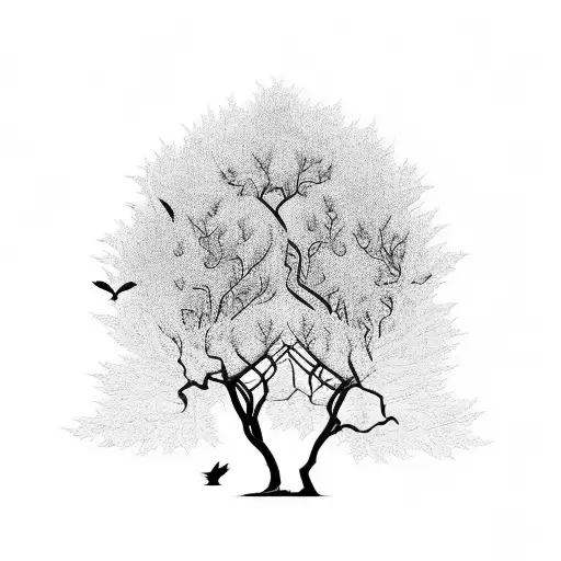 A unique blackwork tattoo depicting a tree with branches transforming into birds in flight tattoo design idea
