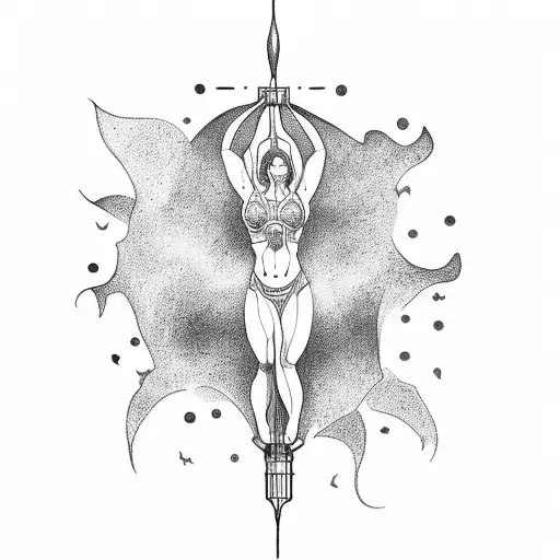 A lifting-themed tattoo with a dotwork angelic figure surrounded by light and dark contrast tattoo design idea