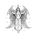 A lifting-themed tattoo with a dotwork angelic figure surrounded by light and dark contrast tattoo design idea