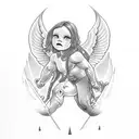 A lifting-themed tattoo with a dotwork angelic figure surrounded by light and dark contrast tattoo design idea
