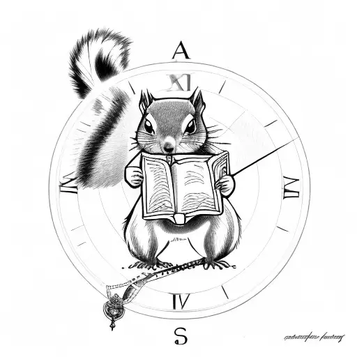 Generate me a tattoo featuring a pocket watch, a compass, the page of a book turning, and two squirrels.  tattoo design idea