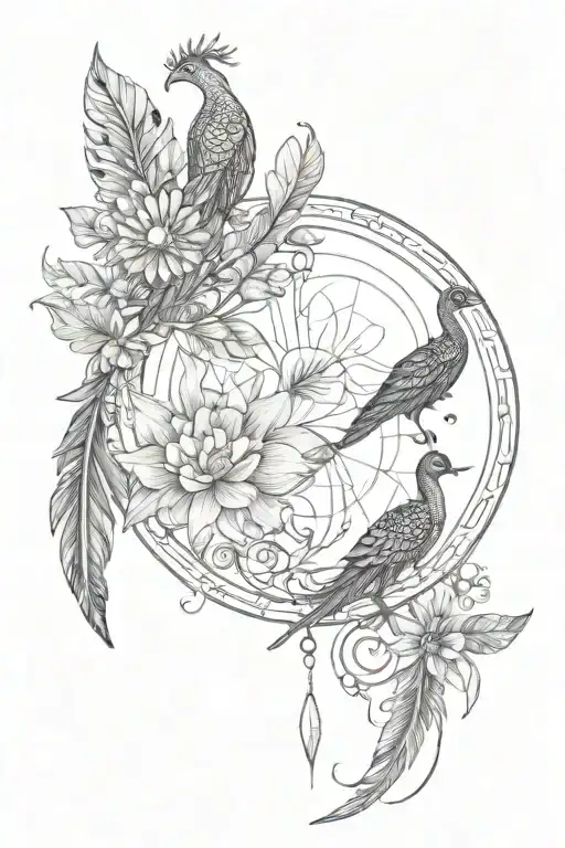 phenix, beetle, lily, bow and arrow, Inca sun, moon, peacock feather tattoo design idea