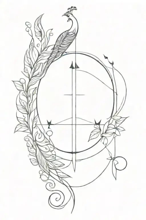 phoenix, scarab, lily, inca sun, bow and arrow and peacock feather tattoo design idea