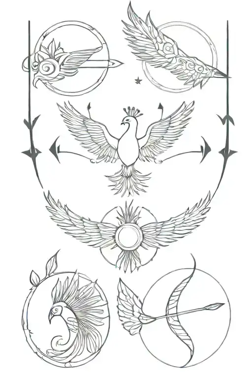 phoenix, scarab, lily, bow and arrow, inca sun, moon, peacock feather tattoo design idea
