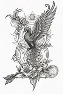 phoenix, scarab, lily, bow and arrow, inca sun, moon, peacock feather tattoo design idea