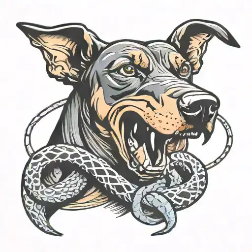 angry Doberman barking wrapped in a snake shaped like a double infinity symbol tattoo design idea