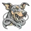 angry Doberman barking wrapped in a snake shaped like a double infinity symbol tattoo design idea